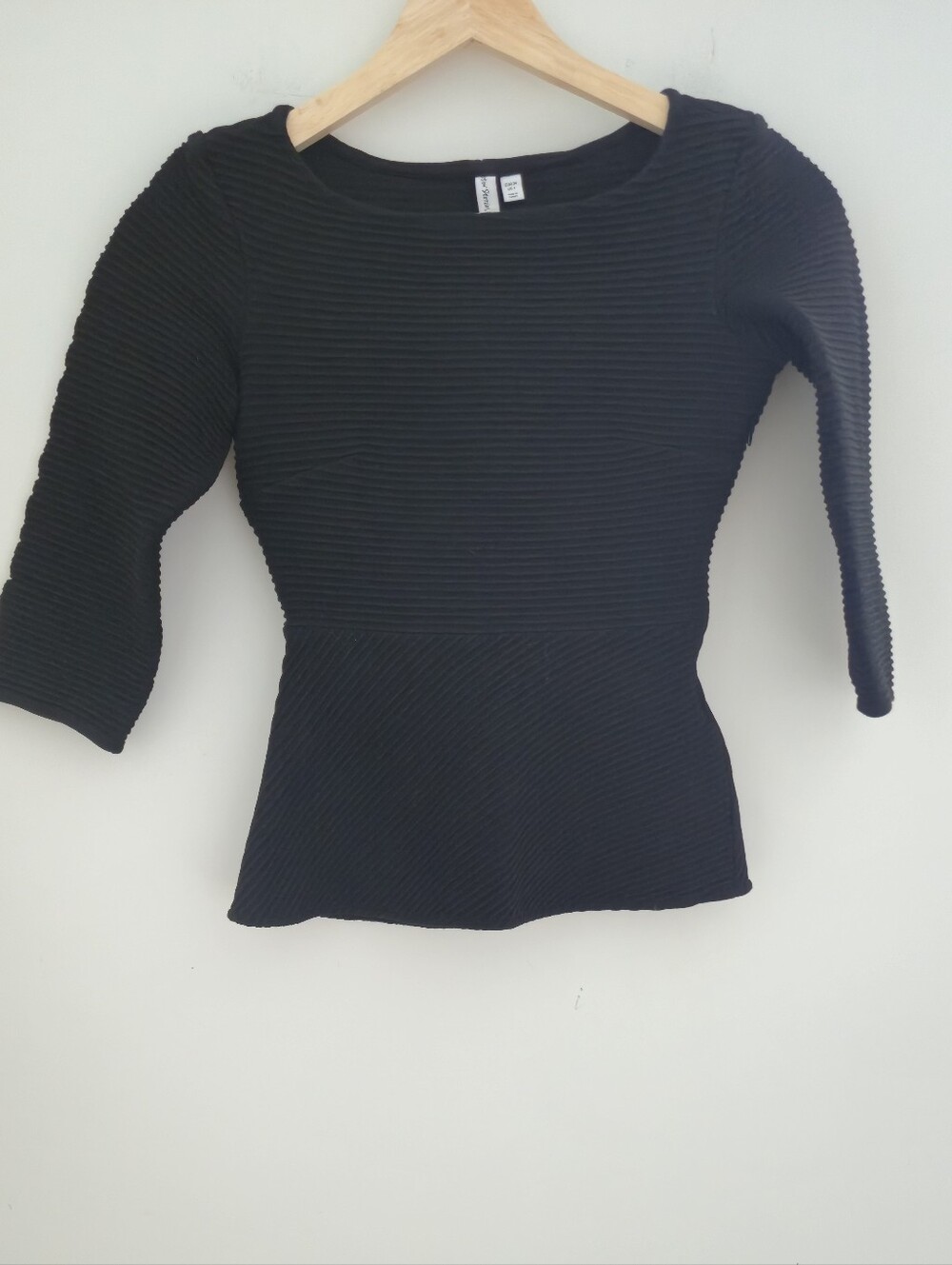 & Other Stories Black Ribbed Peplum Top 3/4 Sleeve Boat Neck